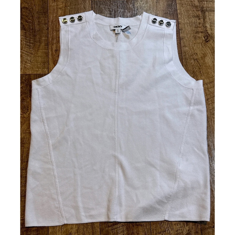 DKNY Womens White Sleeveless Sweater‎ Top Button Shoulder XC5TRV51 Size PL